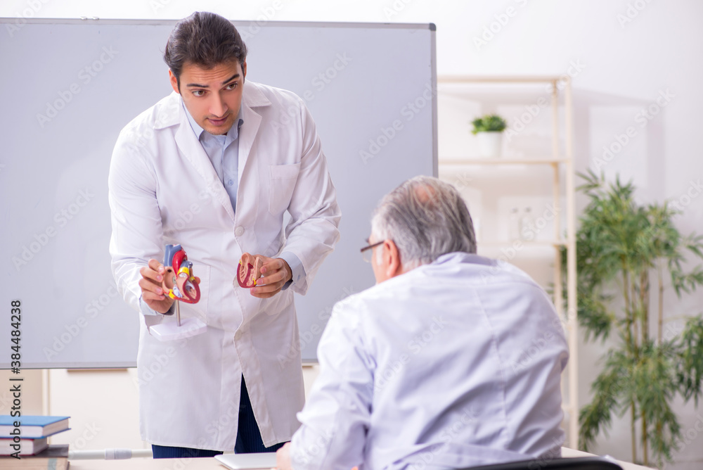 Obraz premium Experienced doctor cardiologist teaching young male assistant