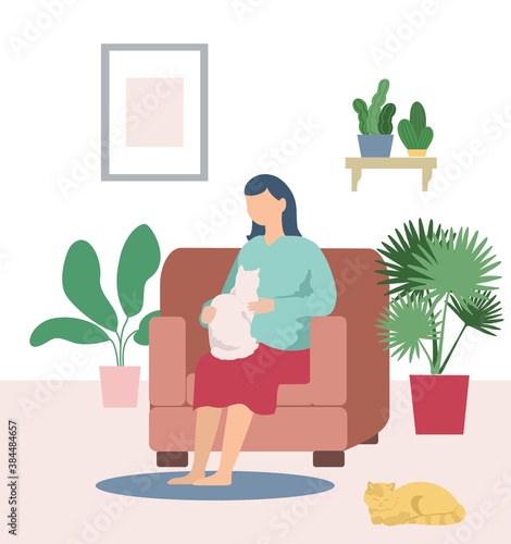 Woman relaxing with cats. Girl, cute pets sitting in armchair at home. Female Character. Domestic Animal Sleeping. Adorable woman spending time at home with her domestic animals.