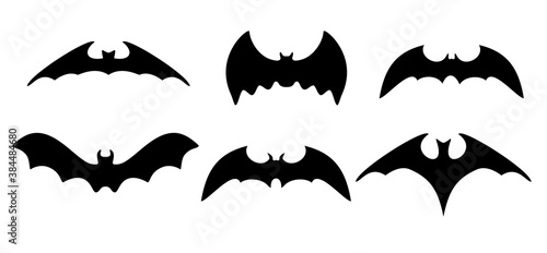 Big set of black silhouettes of bats. Bats collection isolated on white