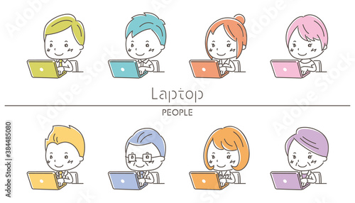 ノートパソコンを操作する人々のイラストセット