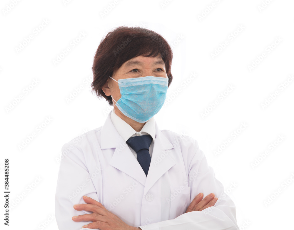 Female doctor holding arms wearing mask standing in front of white background Female doctor holding arms wearing mask standing in front of white background