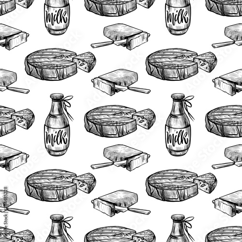 Cheese, butter and milk seamless pattern in graphic, doodle style. Digital illustration for fabric, textile, print, label, packaging, flyer, poster and banner on white background
