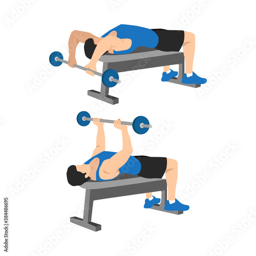 Chest building exercises and muscle. Artworks depict a set of weight training reps workout for chest muscle. Lying chest overhead extensions. Barbell pullover