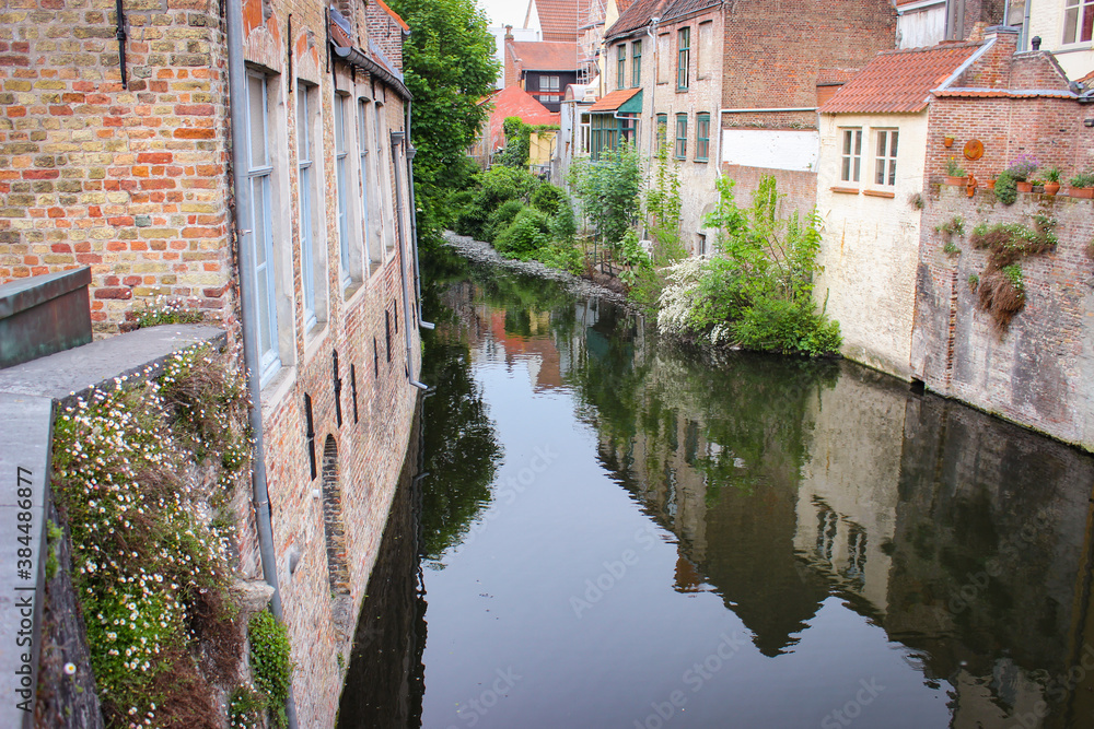 Beautiful View Of Authentic Houses Above The Canal In The Belgian City Of Bruges..