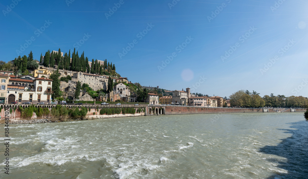 Verona, Italy. Old europe italian city panoramic view with Romeo and Juliet, beautiful architecture, Adige river and bridges. Summer travel concept.