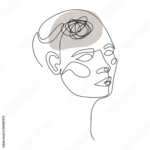 Line Drawing of Human Head With Confused Thoughts In His Brain. Vector Illustration For Therapist And Psychologist