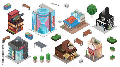 Vector isometric buildings, classic wine shop, shoping mall sale, seafood restaurant, music school, game center have stageABC, Red Brick Cafe, Book store and other element.
