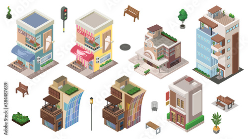 Vector isometric set of building and other element.