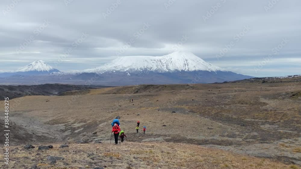 Tourists with backpacks and trekking poles walk along the endless tundra. Trekking in Klyuchevskoy volcano park. Travel to the Kamchatka Peninsula. Tourists with backpacks and trekking poles walk along the endless tundra. Trekking in Klyuchevskoy volcano park. Travel to the Kamchatka Peninsula.