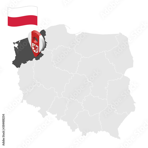Location of West Pomerania Province on map Poland. 3d location sign similar to the flag of West Pomerania. Quality map with provinces of Poland for your design. EPS10. 
