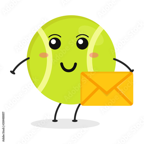 Cute flat cartoon tennis ball holding an envelope illustration. Vector illustration of a cute tennis ball with a smiling expression.