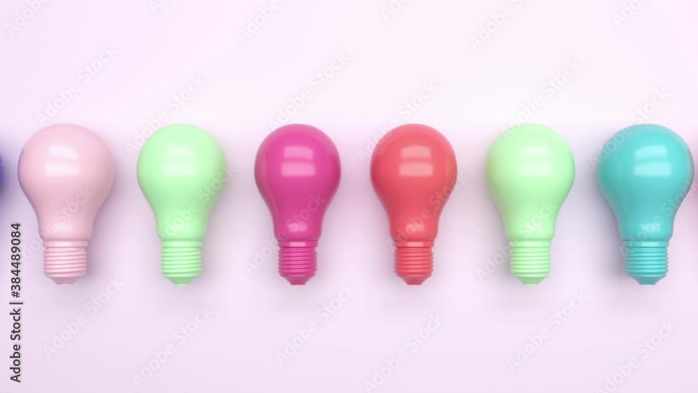 Animation one row Colorful Light bulbs on blue background. 3D Minimal Idea animation 4K.