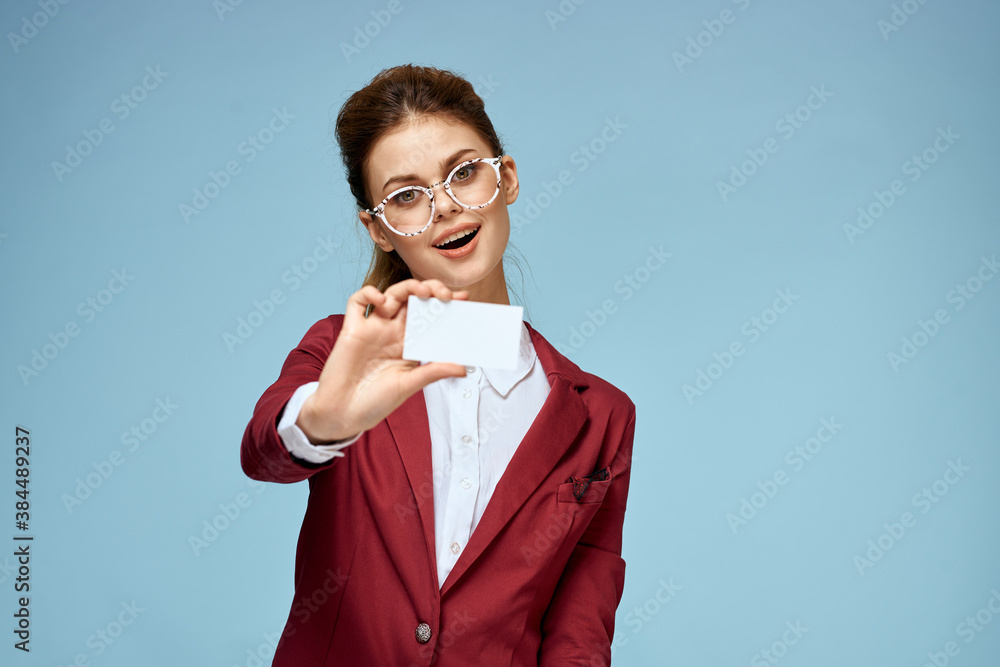 Business woman red jacket business card manager lifestyle blue background Business woman red jacket business card manager lifestyle blue background