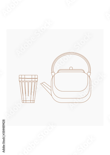 Editable Side View Masala Chai Tea in A Glass Mug and Kettle Vector Illustration in Outline Style for Artwork Element of Beverages With South Asian Culture and Tradition Design