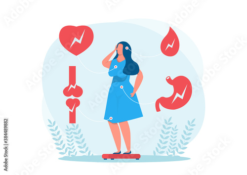 women stress from fats problems overweight girl. Diabetes, heart disease due high weight vector concept. illustration