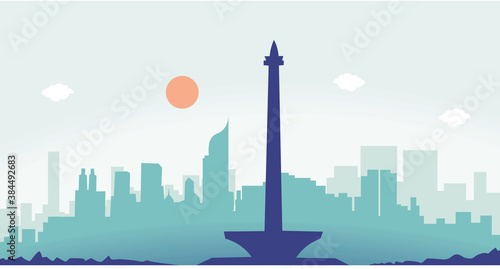 silhouette of monas from jakarta and cityscape background