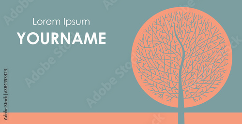 business card healer nature, alternative medicine, with a round tree without leaves with an orange sun background