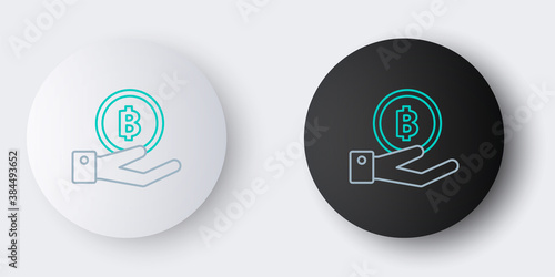 Line Hand holding Bitcoin icon isolated on grey background. Blockchain technology, digital money market, cryptocoin wallet. Colorful outline concept. Vector.