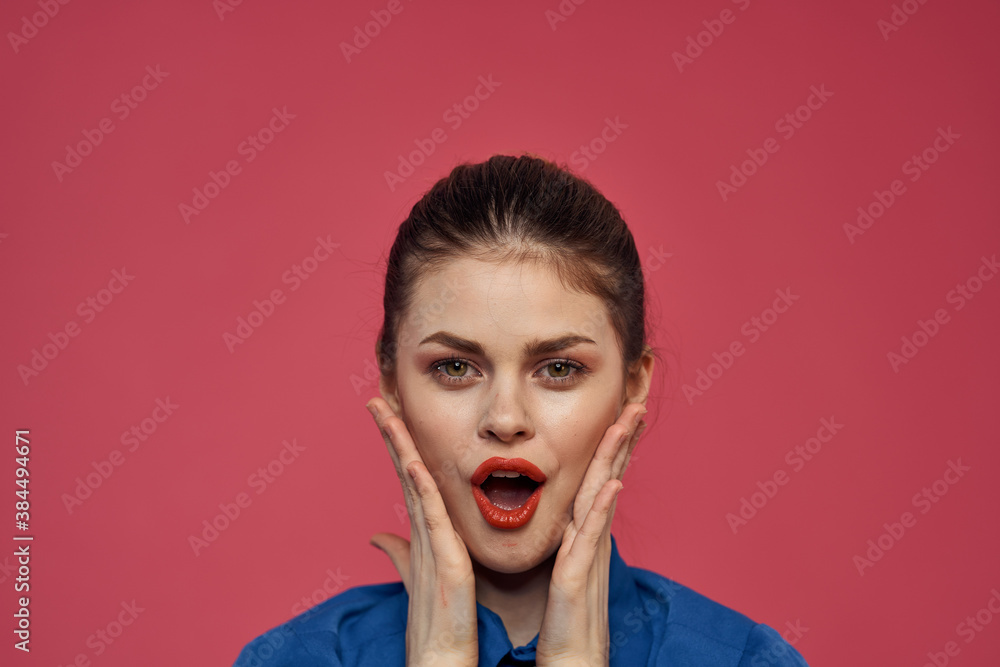 Portrait of emotional woman in blue shirt with bright makeup gesturing with hands Copy Space Portrait of emotional woman in blue shirt with bright makeup gesturing with hands Copy Space