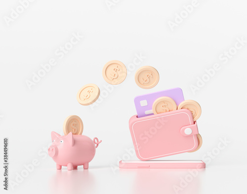 3D rendering saving money concept. money transfer to piggy bank. wallet, coins, credit card and piggy bank on white background