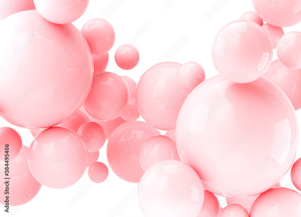 3D rendering abstract realistic balls, pink bubbles. Dynamic 3d spheres on white background