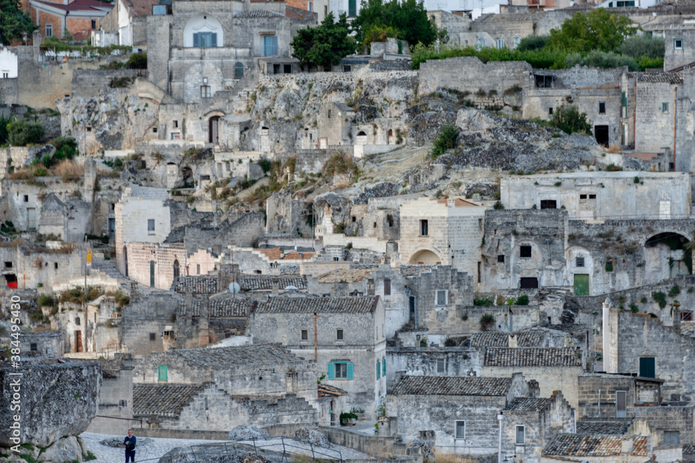 view of the sassi of Matera city located on a rocky outcrop in Basilicata