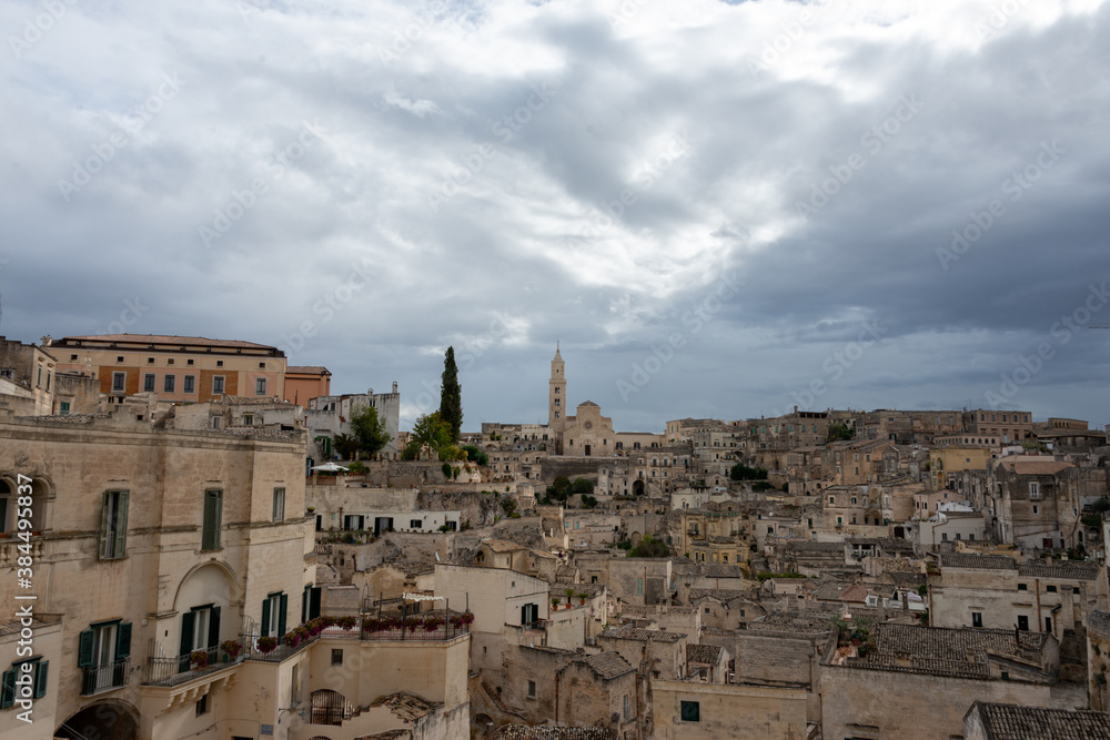 view of the sassi of Matera city located on a rocky outcrop in Basilicata