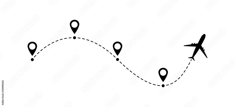 Airplane line vector icon of air plane flight route with start point and line trace isolated on white background