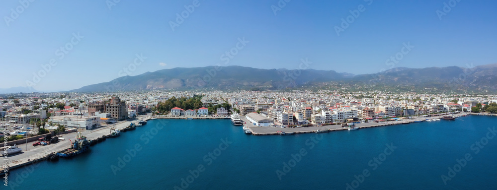 Aerial view of Kalamata port at daylight, one of the biggest ports in Peloponnese, Greece