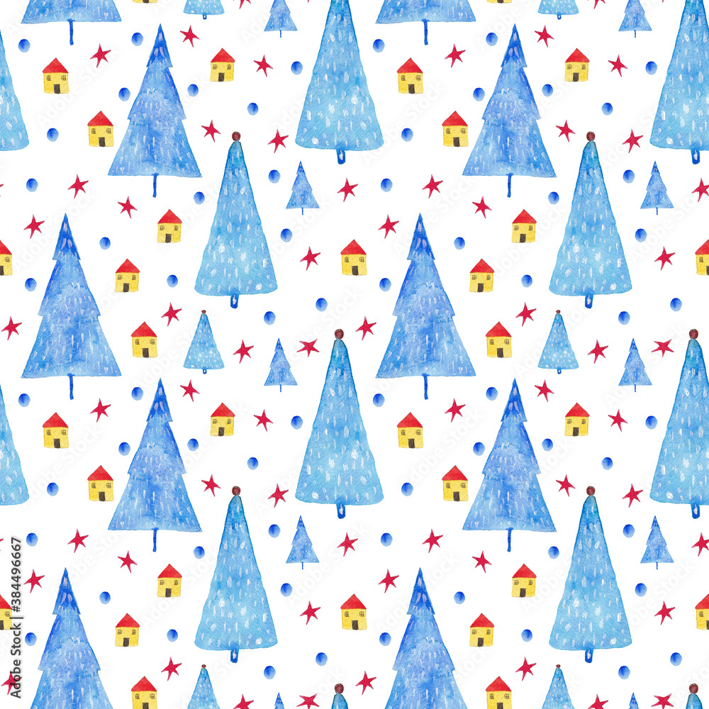 Watercolor color christmas blue tree and house seamless pattern. Watercolor fabric. Christmas background. Repeat tree. Use for design