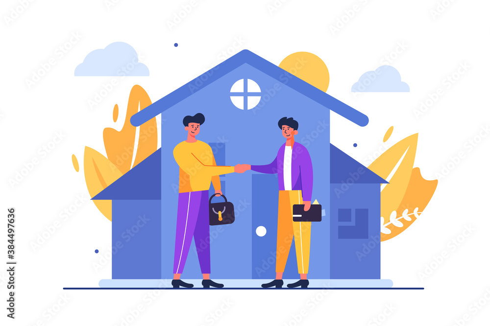 Two guys making a deal through handshake to buy a house isolated on white background, flat vector illustration
