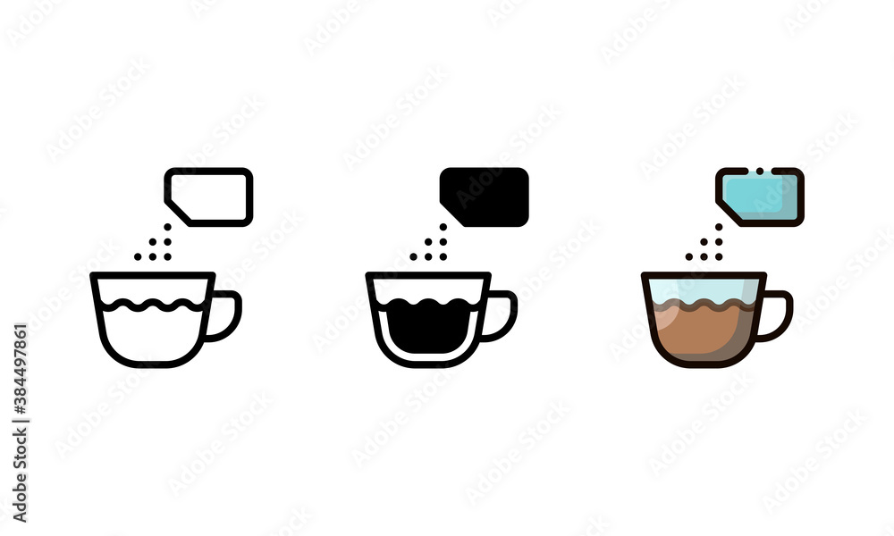 Drink sweetener icon. Outlined, glyph style, and filled outline Drink sweetener icon. Outlined, glyph style, and filled outline