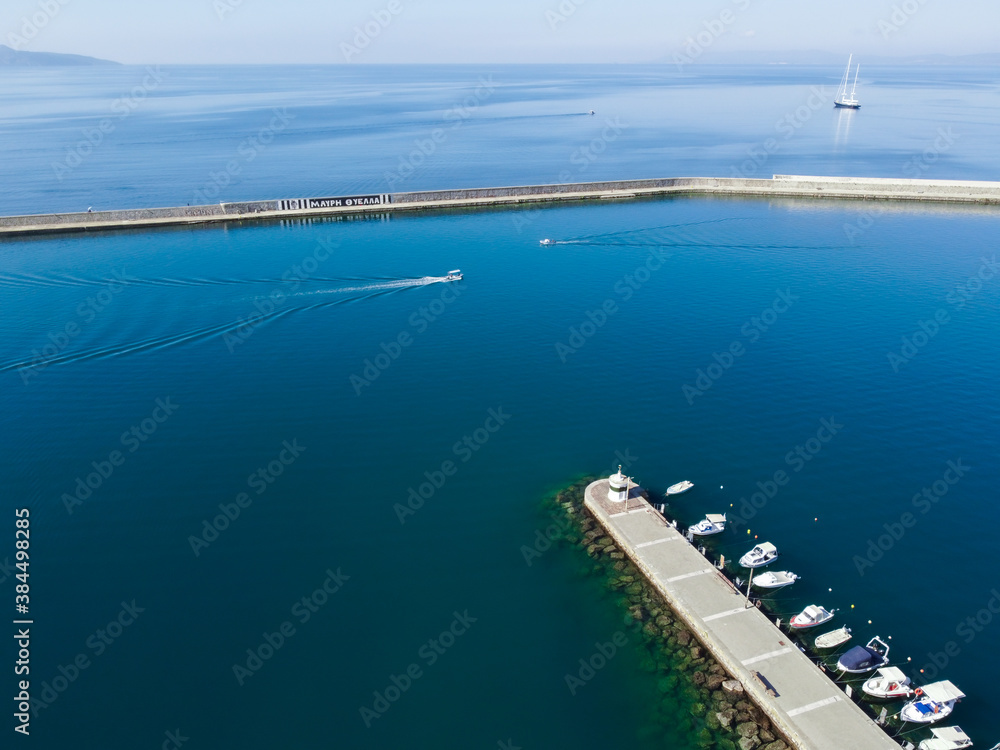 Aerial view of Kalamata marina with fishing boats in line