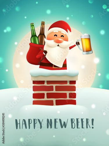 Beer Santa lettering poster. Christmas greeting card with drunk Santa Claus in the chimney holding beer mug and a sack with bottles. Handwritten typography. WInter moonlight roof background.