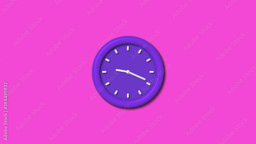 Purple color 3d wall clock isolated on pink background,12 hours 3d wall clock