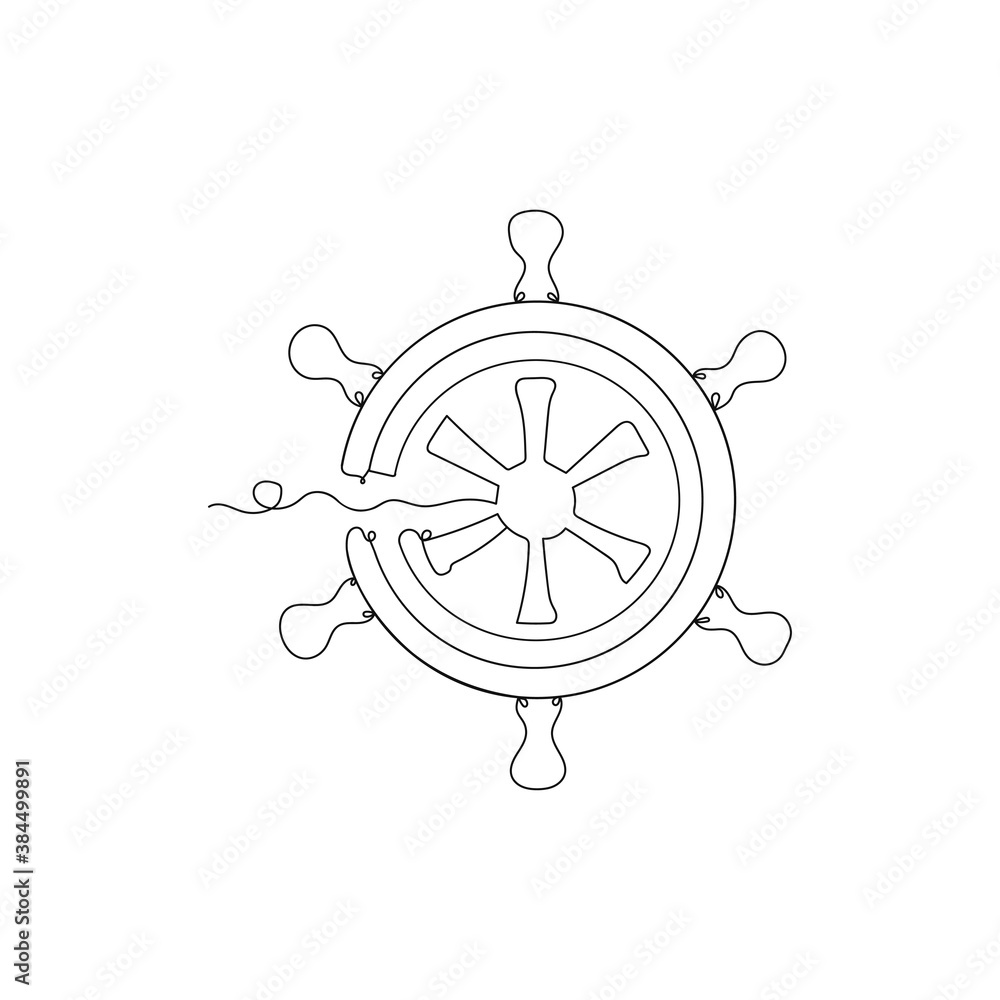 Fototapeta premium Ship's steering wheel one line, in continuous line drawing style.