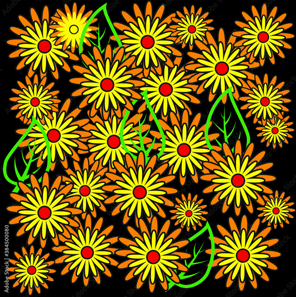 Vector  creative tropical leaves and flowers. Cute pattern in small flower. Small colorful flowers.