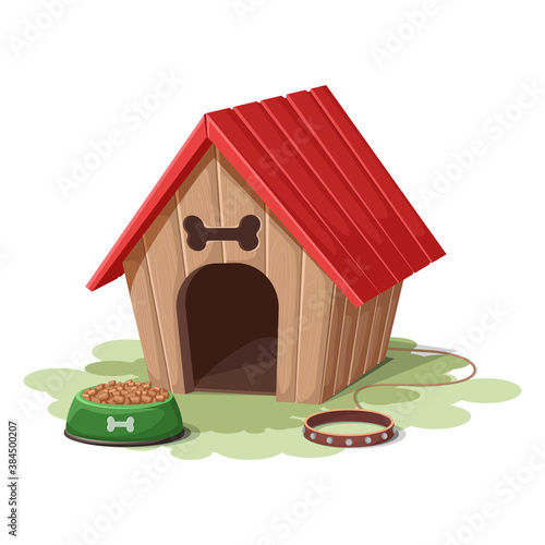 Vector cartoon style dog house with collar and food bowl. Isolated on white background.