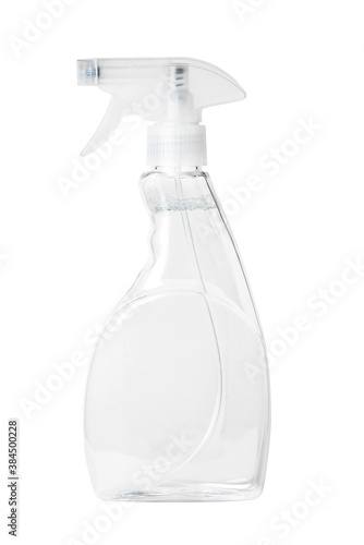 Canvas-taulu Isolated side view of the clear spray bottle with a clear liquid inside with clipping path