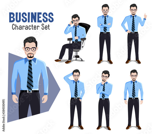 Businessman character vector set. Business man manager characters in sitting and standing pose and gestures like angry and thinking for employee boss cartoon design. Vector illustration.