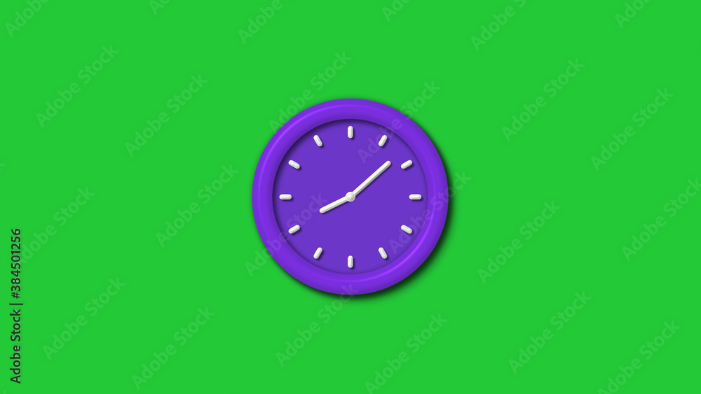 12 hours 3d wall clock isolated on green background,Purple color 3d wall clock isolated