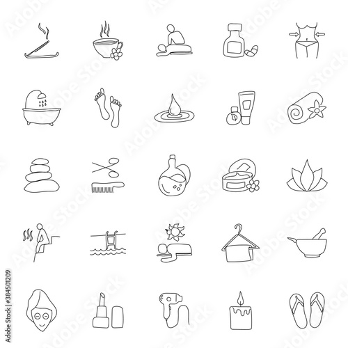 beauty and spa hand drawn linear doodles isolated on white background. beauty and spa icon set for web and ui design, mobile apps and print products