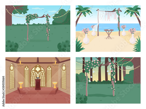 Wedding reception flat color vector illustration set. Floral archway. Chapel for ceremony. Venue for matrimony event 2D cartoon landscape and interior with decoration on background collection