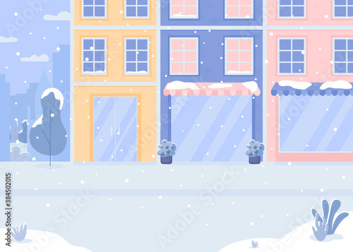 Covered with snow street flat color vector illustration. Snowfall before christmas. Holiday atmosphere. No people outside. Winter 2D cartoon cityscape with decorated stores on background