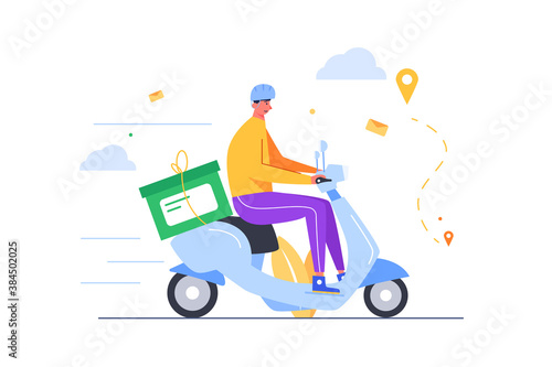 Guy in helmet delivering business repair in a box on an electric scooter down the street isolated on white background, flat vector illustration