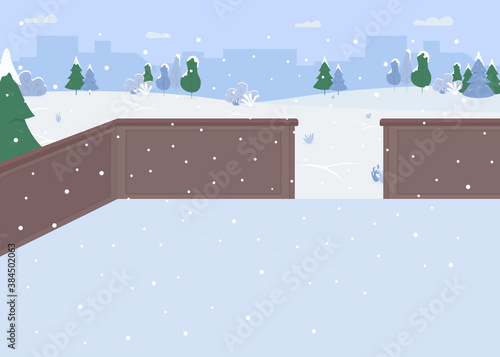 Ice skating rink flat color vector illustration. Free sports place. Fun christmas things to do. Winter activity place 2D cartoon landscape with trees covered with snow stores on background
