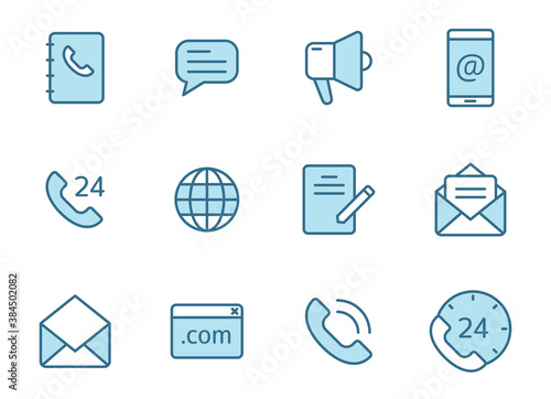 contact us linear vector icons in two colors isolated on white background. contact us blue icon set for web design, ui, mobile apps and print