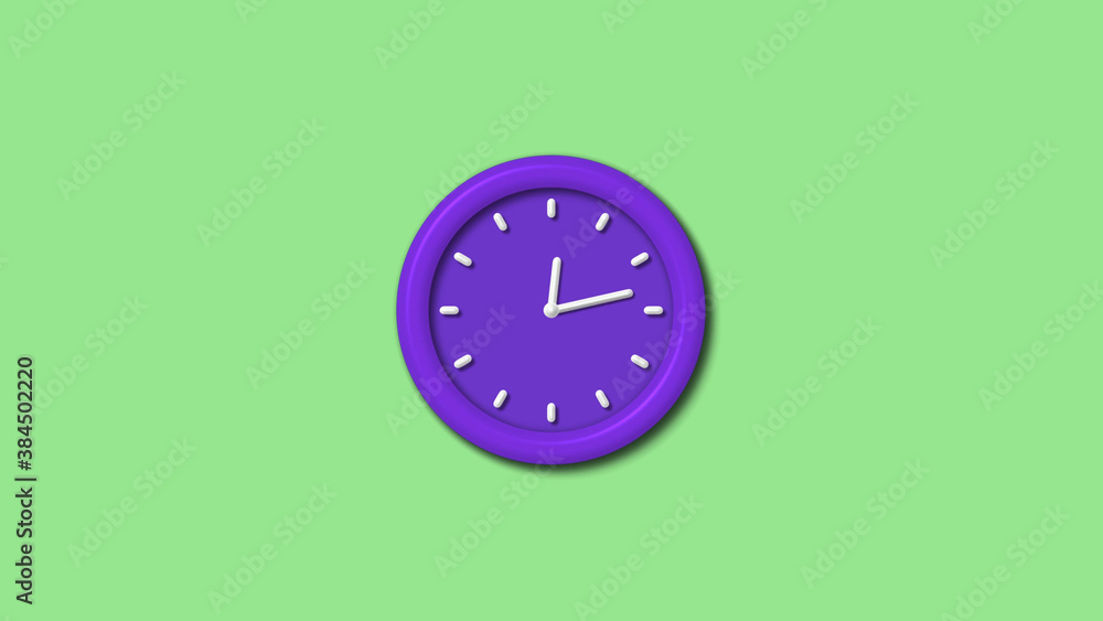 Best purple color 3d wall clock isolated on green light background,12 hours wall clock Best purple color 3d wall clock isolated on green light background,12 hours wall clock