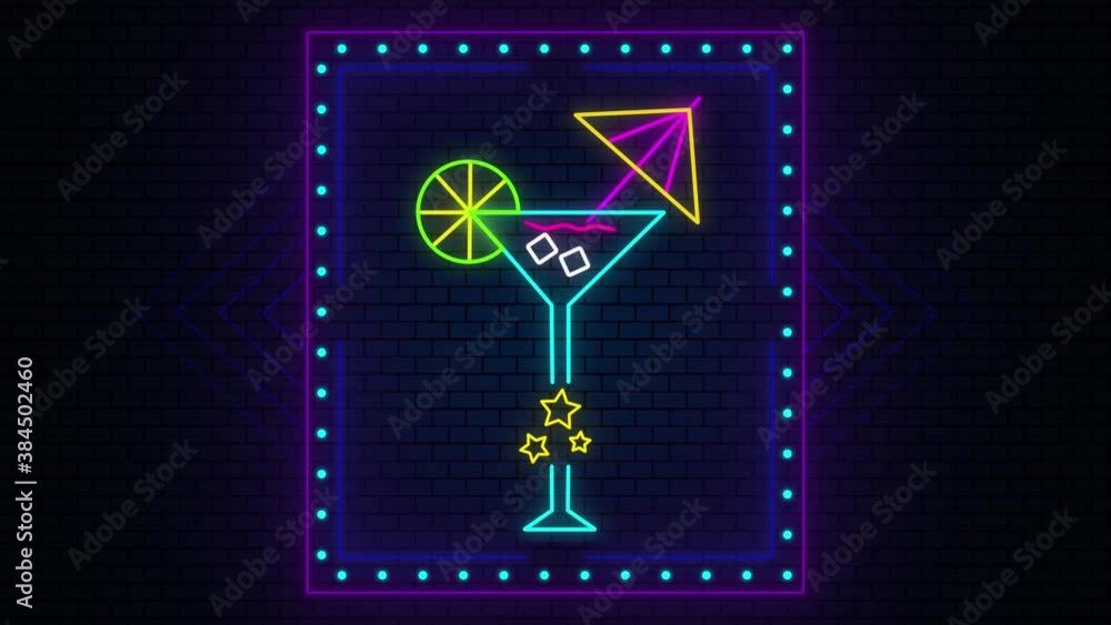 cocktail neon sign board,stars,lights and lines on a dark background,4k