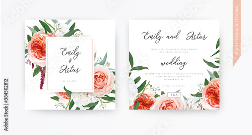 Vector watercolor wedding floral invite, invitation design: blush peach, ivory white roses, pale coral Juliette flowers, burgundy amaranth, eucalyptus greenery leaves wreath. Trendy & stylish template